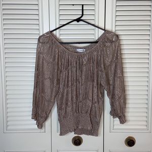 🌷Forever 21 Lace 3/4 Elbow Length Sleeve Nude/Tan Ruched Blouse Size Small